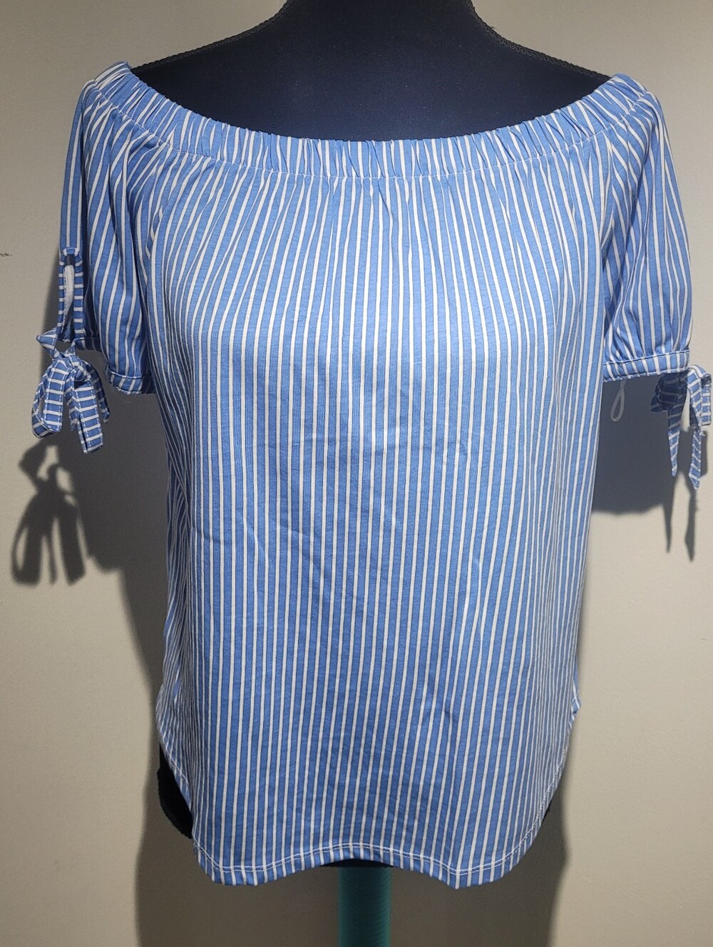 H&M Women's 100% Cotton Striped Off-Shoulder Tie-Sleeve Top XS Blue White NEW